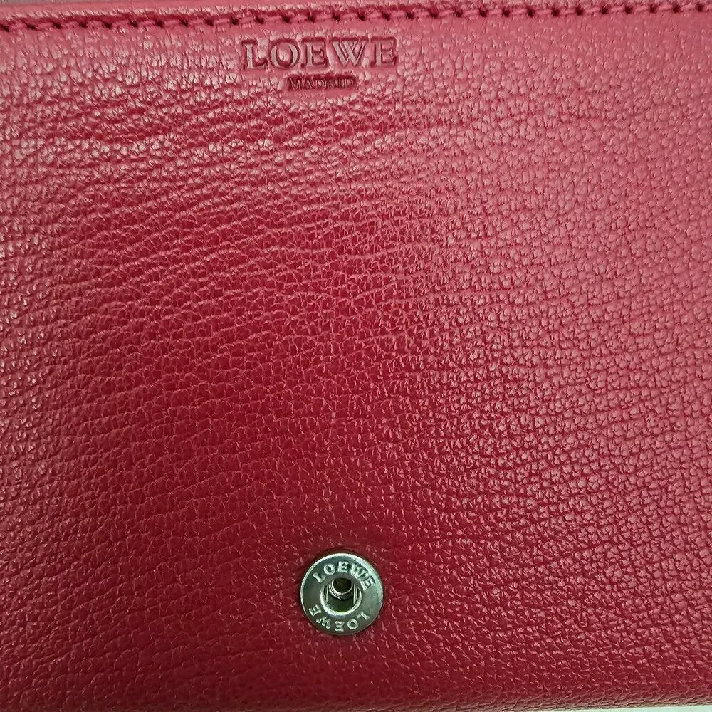 Loewe Pebble Leather Flap Snap Long Red Berry Bi-fold Clutch Continental Wallet